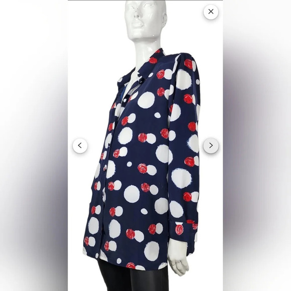 A Vintage Liz Baker Navy Blue Red White Blouse - Picture 6 of 11